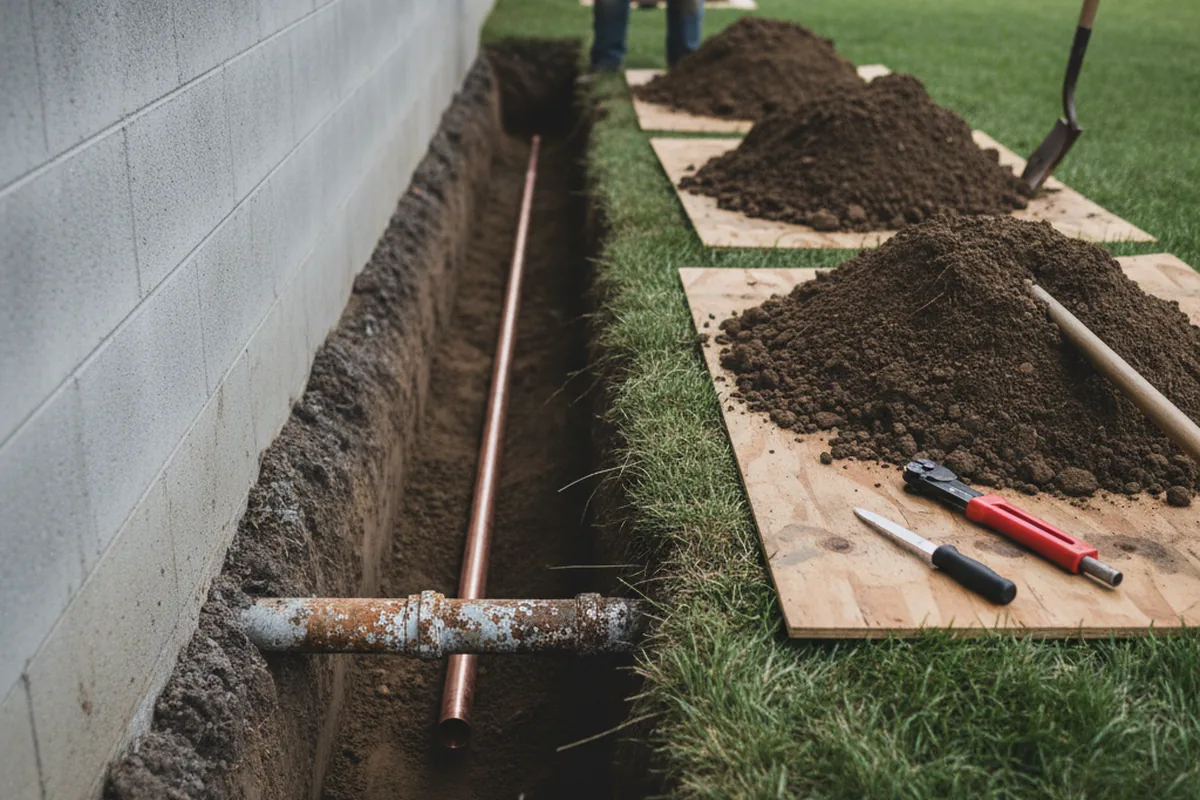 Excavated water line trench during Water Heater Repair in Defiance